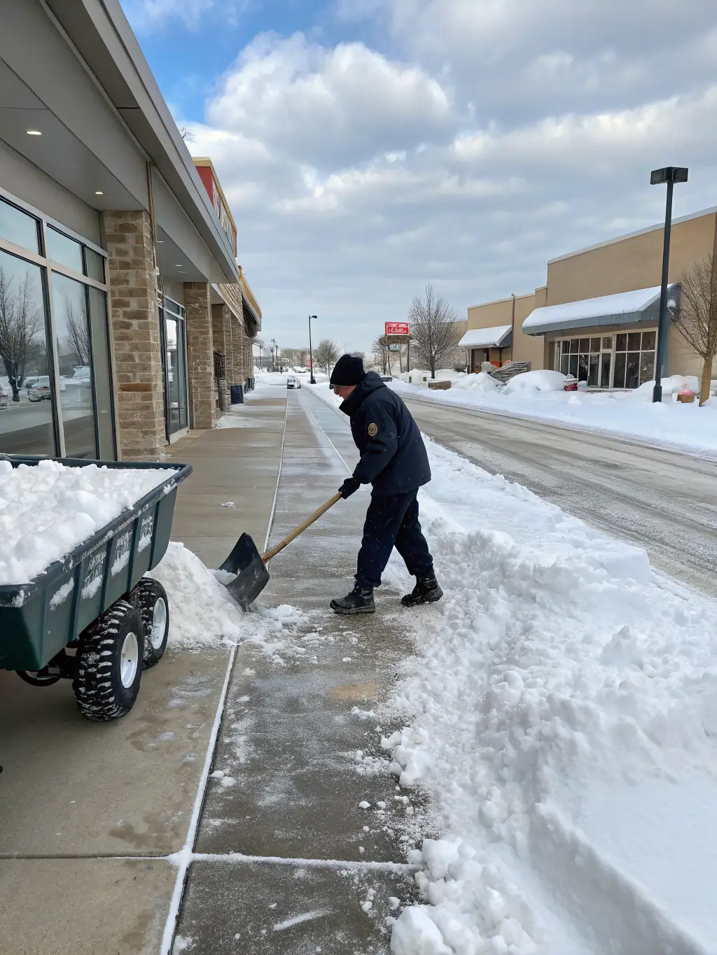 A close-up of de-icing equipment being used on a sidewalk, demonstrating Pros On Point Services LLC's commitment to preventing slips and falls.